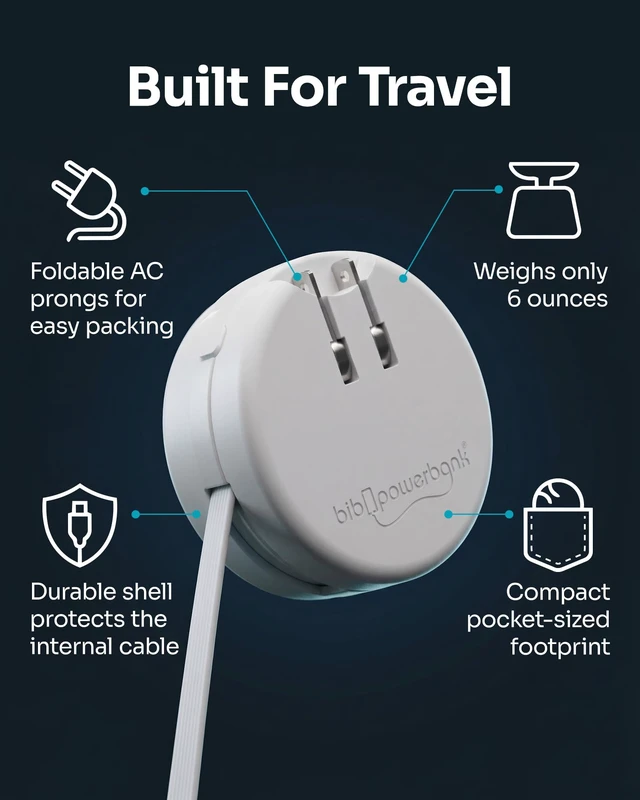 Alt view image 6 of 7 - BIBICORD 4-in-1 USB-C Wall Charger, Retractable Cable, 2500mAh Power Bank | Convenient Travel Charger With 3ft Retractable USB-C Cable, Backup Battery, Foldable Plug, Surge Protection & 100-240V Input