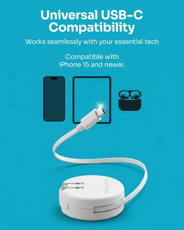 Alt view image 7 of 7 - BIBICORD 4-in-1 USB-C Wall Charger, Retractable Cable, 2500mAh Power Bank | Convenient Travel Charger With 3ft Retractable USB-C Cable, Backup Battery, Foldable Plug, Surge Protection & 100-240V Input