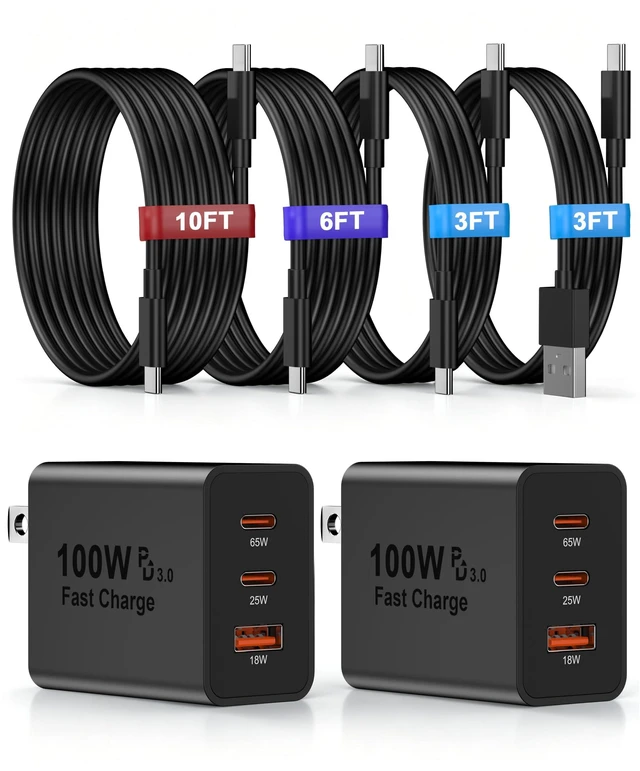 Main image of 100W USB C Charger Super Fast Charging for iPhone 18 17 Pro Max,Galaxy S26 3-Port 100W GaN Type C Charger Fast Charging Block & 3/3/6/10FT USB C Cord for iPhone 18 17 16 15 Pro Max, Galaxy S26 SUltra