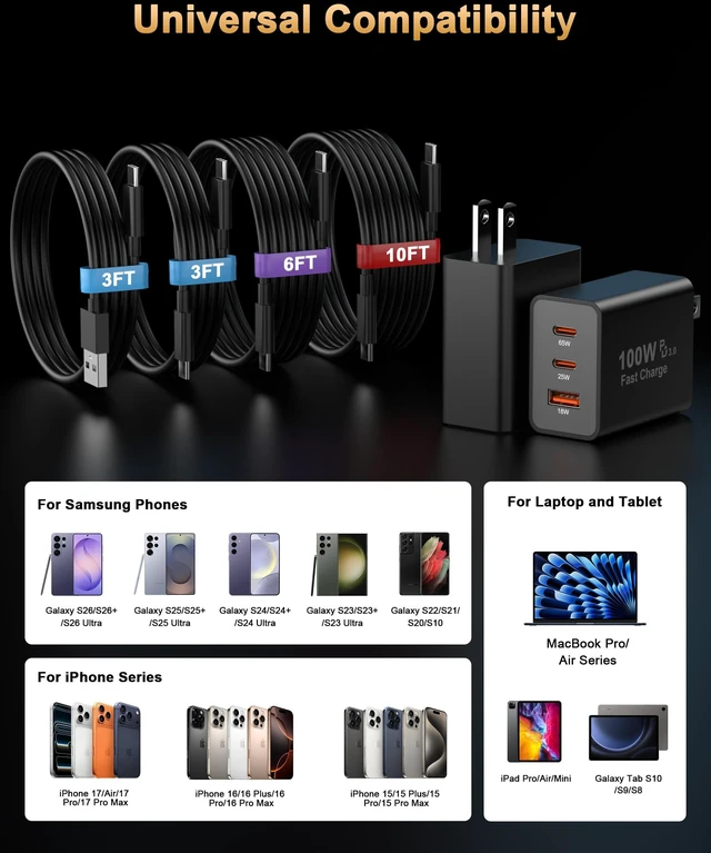 Alt view image 5 of 7 - 100W USB C Charger Super Fast Charging for iPhone 18 17 Pro Max,Galaxy S26 3-Port 100W GaN Type C Charger Fast Charging Block & 3/3/6/10FT USB C Cord for iPhone 18 17 16 15 Pro Max, Galaxy S26 SUltra