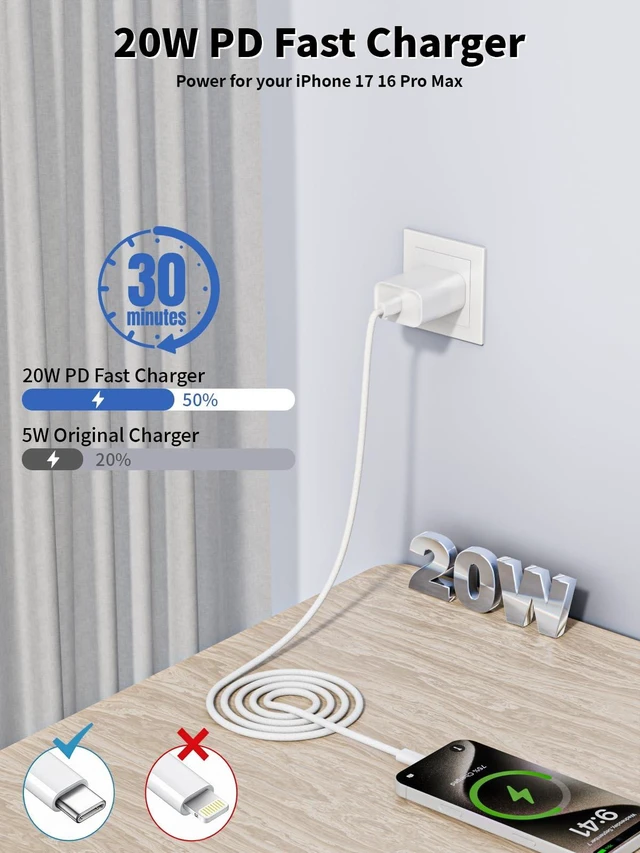 Alt view image 2 of 7 - iPhone 17 Charger Fast Charging,2Pack 20W USB C Fast Charging Block Charger 2Pack 60W Woven Braided Type C to C Cable iPhone 16 Charger for iPhone Air/17 Pro Max/16 Pro Max/16e/15 Pro/iPad Air/AirPods