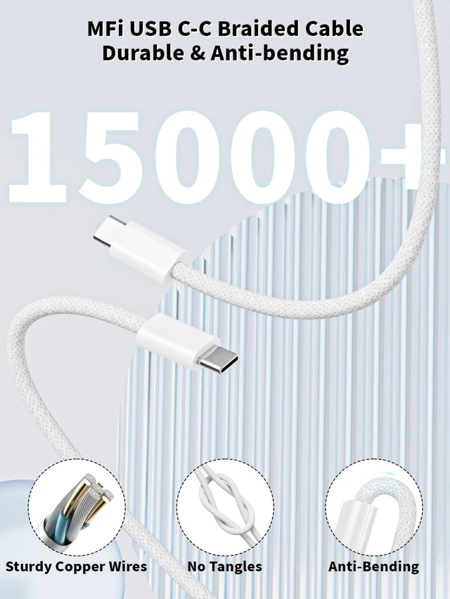Alt view image 4 of 7 - iPhone 17 Charger Fast Charging,2Pack 20W USB C Fast Charging Block Charger 2Pack 60W Woven Braided Type C to C Cable iPhone 16 Charger for iPhone Air/17 Pro Max/16 Pro Max/16e/15 Pro/iPad Air/AirPods