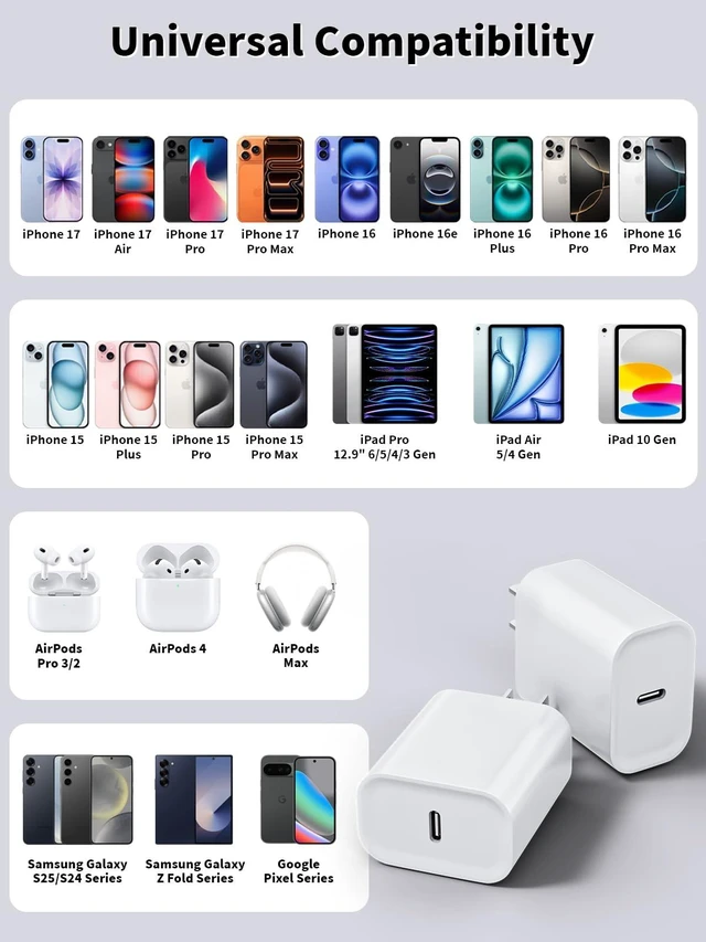Alt view image 6 of 7 - iPhone 17 Charger Fast Charging,2Pack 20W USB C Fast Charging Block Charger 2Pack 60W Woven Braided Type C to C Cable iPhone 16 Charger for iPhone Air/17 Pro Max/16 Pro Max/16e/15 Pro/iPad Air/AirPods