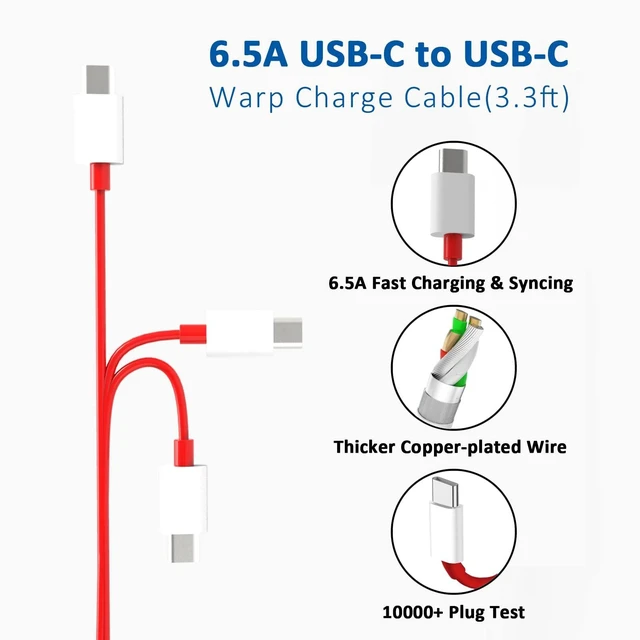 Alt view image 4 of 5 - 65W Warp Charger for OnePlus Nord 2 5G/9 Pro/9RT/9/9R/8T/Realme, Fast Wall Charger Adapter with 3.3 ft USB C Warp Cable