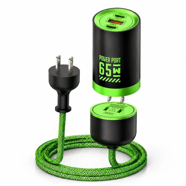 Main image of MFish 65W 3-Port GaN USB C Charger with Detachable 5Ft Cord, Cyber Green | Equipped with 5Ft Detachable Power Extension Cord, Travel & Desktop Dual-use Mode, Foldable Plug, For MacBook, iPhone, iPad
