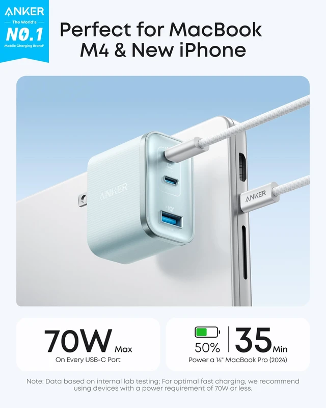 Alt view image 2 of 6 - Anker Nano 70W Max 3-Port Fast Charger USB C, Type C Charger Fast Charging | Compact and Stylish USB C Charger Block,for iPhone 18 Pro/17/17 Pro Max/16 Series, MacBook Pro, iPad (Blue, Cable Included)