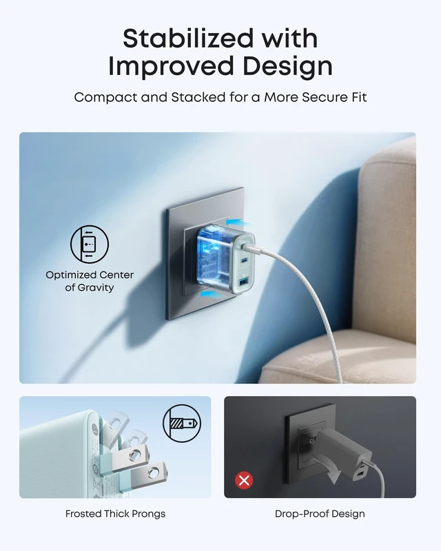 Alt view image 6 of 6 - Anker Nano 70W Max 3-Port Fast Charger USB C, Type C Charger Fast Charging | Compact and Stylish USB C Charger Block,for iPhone 18 Pro/17/17 Pro Max/16 Series, MacBook Pro, iPad (Blue, Cable Included)
