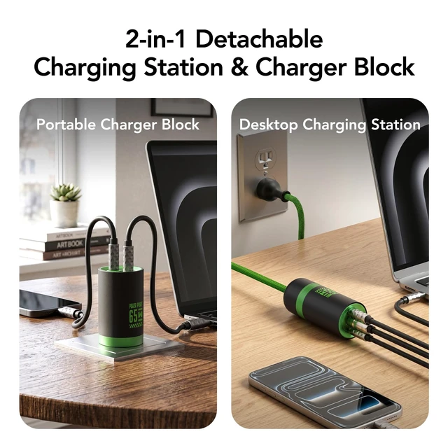 Alt view image 2 of 7 - MFish 65W 3-Port GaN USB C Charger with Detachable 5Ft Cord, Cyber Green | Equipped with 5Ft Detachable Power Extension Cord, Travel & Desktop Dual-use Mode, Foldable Plug, For MacBook, iPhone, iPad