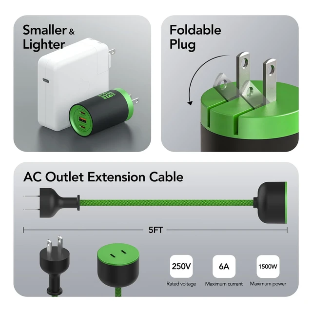 Alt view image 5 of 7 - MFish 65W 3-Port GaN USB C Charger with Detachable 5Ft Cord, Cyber Green | Equipped with 5Ft Detachable Power Extension Cord, Travel & Desktop Dual-use Mode, Foldable Plug, For MacBook, iPhone, iPad