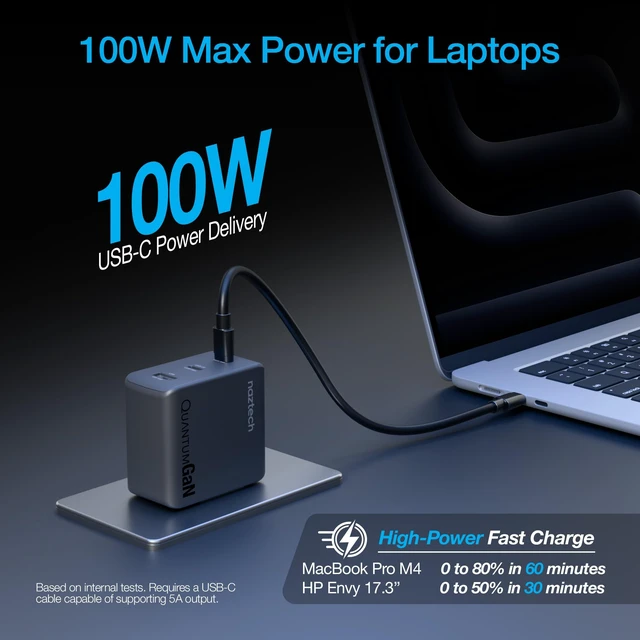 Alt view image 3 of 7 - Naztech Nexus T100 100W USB-C PD 3-Port GaN Wall Charger, Black | 100W total output, two USB-C PD ports, one USB port, PPS, foldable prongs, dual-voltage input, IntelliQ 5.0