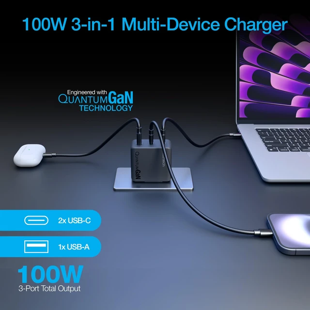 Alt view image 2 of 7 - Naztech Nexus T100 100W USB-C PD 3-Port GaN Wall Charger, Black | 100W total output, two USB-C PD ports, one USB port, PPS, foldable prongs, dual-voltage input, IntelliQ 5.0