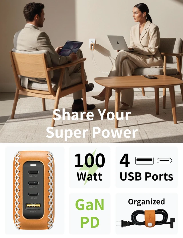 Alt view image 2 of 7 - VogDUO 100W Table Extention Charger - 4 USB C Ports Foldable Plug GaN PD Fast Charging Power Adapter with Leather 5ft Extension Cable for MacBook Air, iPad Pro, Air, MagSafe Chargers, (Tan, Brown)