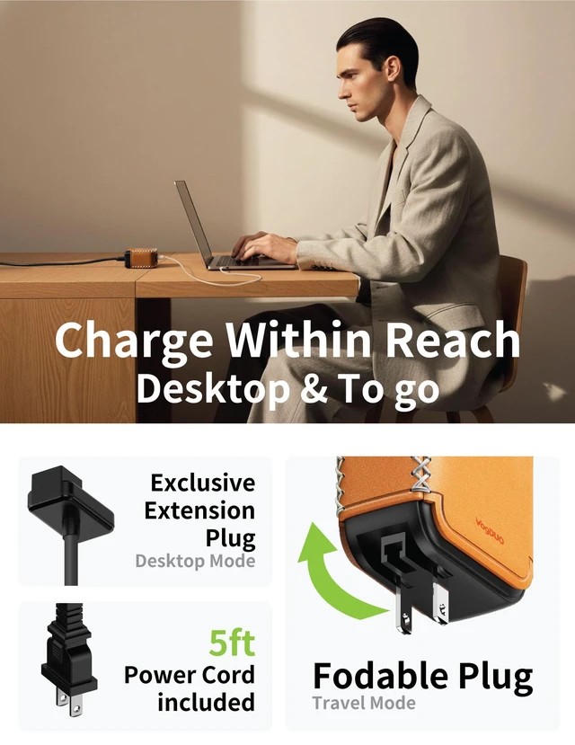 Alt view image 3 of 7 - VogDUO 100W Table Extention Charger - 4 USB C Ports Foldable Plug GaN PD Fast Charging Power Adapter with Leather 5ft Extension Cable for MacBook Air, iPad Pro, Air, MagSafe Chargers, (Tan, Brown)