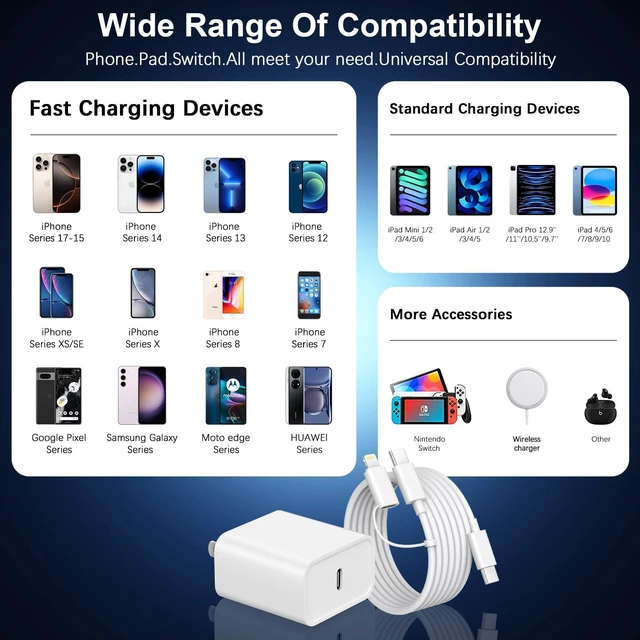 Alt view image 3 of 7 - for iPhone 18 17 16 Charger Fast Charging Lightning&USB C Cord Type C Block Extra Long 10FT Cable with 3Pack PD 20W Charger Blocks for iPhone Duo/18/18 Pro/18 Pro Max/17/17 Pro/17 Pro Max/16/15/14/13
