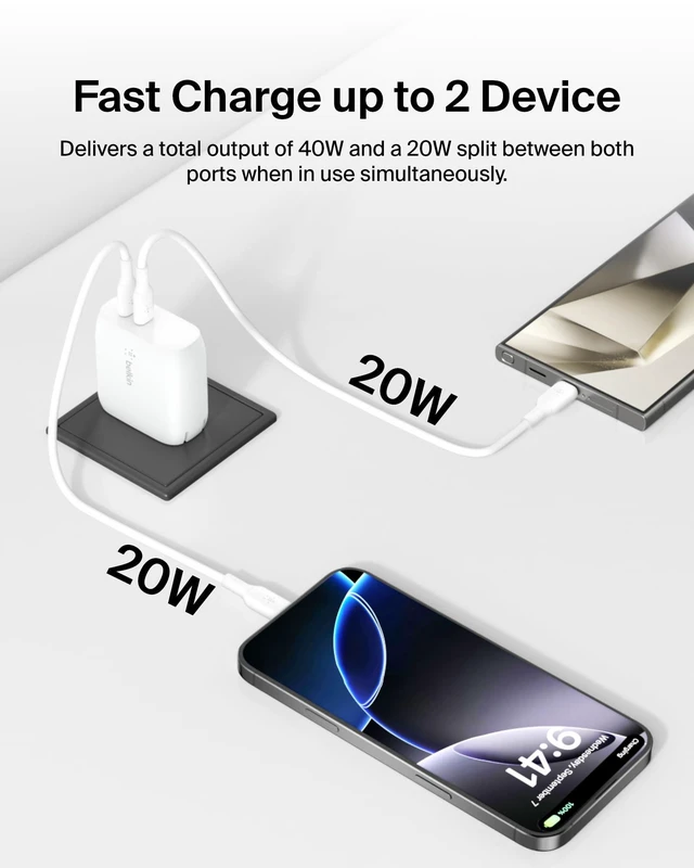 Alt view image 3 of 7 - Belkin 40W Dual USB C Charger Block, 2 Pack, Fast Charging for Travel | PPS Fast Charging, iPhone 17, Air, Pro, Pro Max, iPad, AirPods, Samsung Galaxy S25, Nintendo Switch 2
