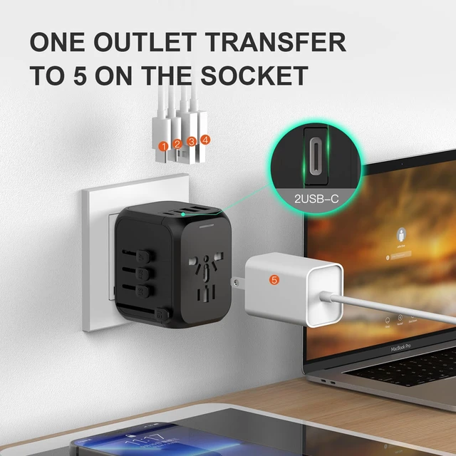 Alt view image 4 of 5 - Universal Travel Adapter All in One International Wall Charger | AC Plug Adaptor, Power Converter, USB Type C Port, USA EU UK AUS