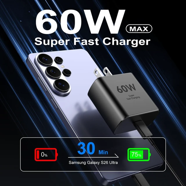 Alt view image 2 of 7 - 60W USB C Super Fast Charger Type C Chargers Fast Charging Block with 10FT Long USB C Cable Fast Charging Cord Android Phone Charger for Samsung Galaxy S26 Ultra/S26+/S26/S25Ultra/S25/S24,Black