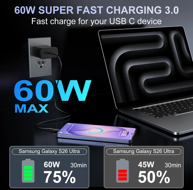 Alt view image 3 of 7 - 60W USB C Super Fast Charger Type C Chargers Fast Charging Block with 10FT Long USB C Cable Fast Charging Cord Android Phone Charger for Samsung Galaxy S26 Ultra/S26+/S26/S25Ultra/S25/S24,Black