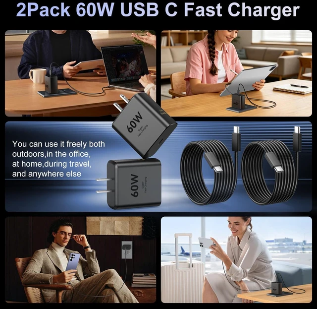 Alt view image 6 of 7 - 60W USB C Super Fast Charger Type C Chargers Fast Charging Block with 10FT Long USB C Cable Fast Charging Cord Android Phone Charger for Samsung Galaxy S26 Ultra/S26+/S26/S25Ultra/S25/S24,Black