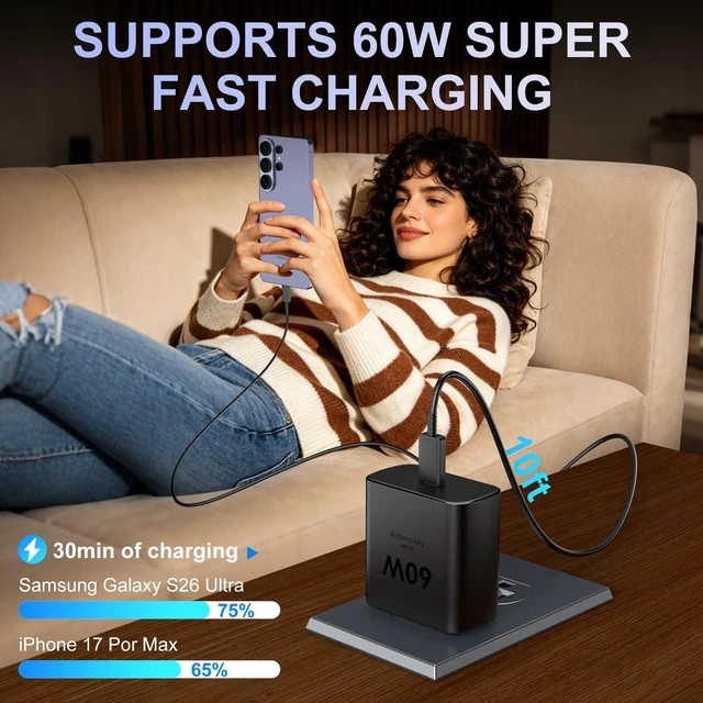 Alt view image 7 of 7 - 60W USB C Super Fast Charger Type C Chargers Fast Charging Block with 10FT Long USB C Cable Fast Charging Cord Android Phone Charger for Samsung Galaxy S26 Ultra/S26+/S26/S25Ultra/S25/S24,Black