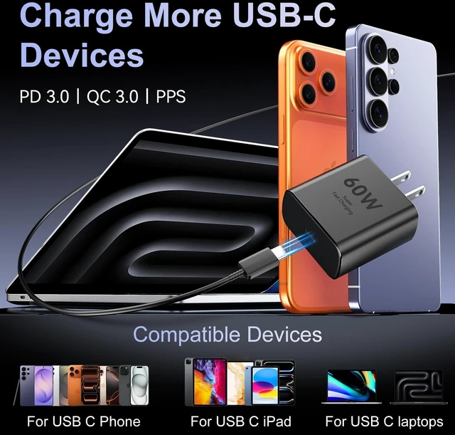 Alt view image 5 of 7 - 60W USB C Super Fast Charger Type C Chargers Fast Charging Block with 10FT Long USB C Cable Fast Charging Cord Android Phone Charger for Samsung Galaxy S26 Ultra/S26+/S26/S25Ultra/S25/S24,Black