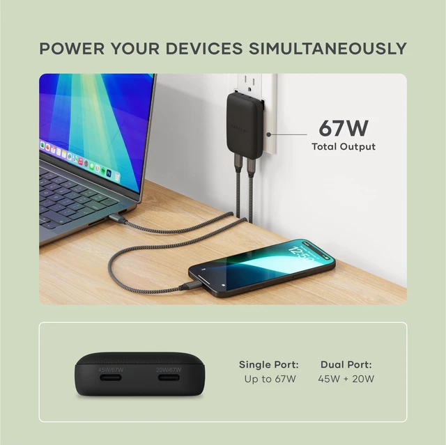 Alt view image 3 of 7 - Satechi OntheGo 67W GaN Wall Charger, PD 3.0 + PPS, Dual USB-C Ports, Black | Dual USB-C ports, 45W+20W split-charging mode, fits MacBook, iPad, iPhone 18, Galaxy, Pixel, Steam Deck