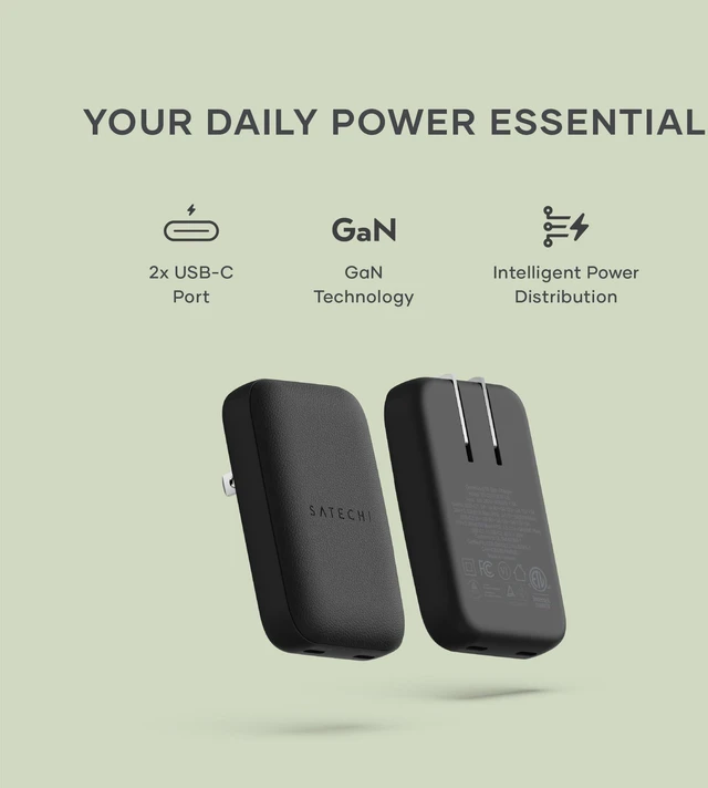 Alt view image 2 of 7 - Satechi OntheGo 67W GaN Wall Charger, PD 3.0 + PPS, Dual USB-C Ports, Black | Dual USB-C ports, 45W+20W split-charging mode, fits MacBook, iPad, iPhone 18, Galaxy, Pixel, Steam Deck