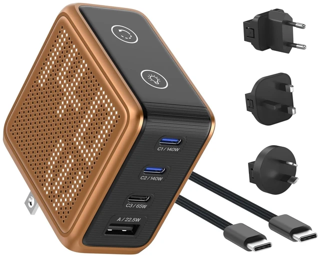 Main image of GaNsta Pixel 4-Port USB-C GaN Laptop Charger, Pixel Display (Orange-140W) | 100W PD 3.0 Fast Charging for MacBook Pro 14-inch, iPhone & iPad; 37% Smaller; US/EU/UK/AU Adapters, Braided Cable & Pouch