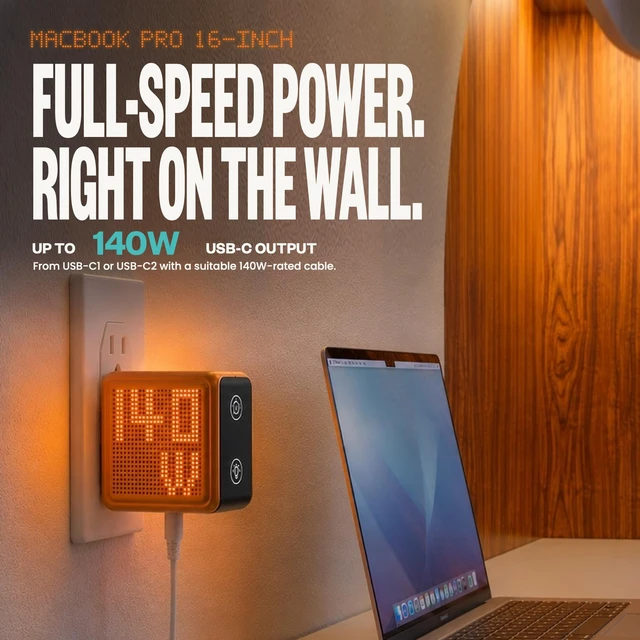 Alt view image 3 of 7 - GaNsta Pixel 4-Port USB-C GaN Laptop Charger, Pixel Display (Orange-140W) | 100W PD 3.0 Fast Charging for MacBook Pro 14-inch, iPhone & iPad; 37% Smaller; US/EU/UK/AU Adapters, Braided Cable & Pouch