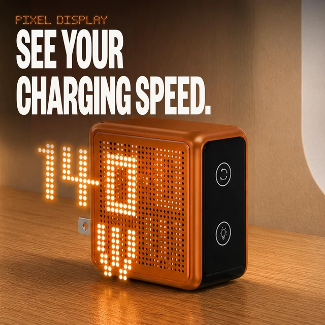 Alt view image 5 of 7 - GaNsta Pixel 4-Port USB-C GaN Laptop Charger, Pixel Display (Orange-140W) | 100W PD 3.0 Fast Charging for MacBook Pro 14-inch, iPhone & iPad; 37% Smaller; US/EU/UK/AU Adapters, Braided Cable & Pouch