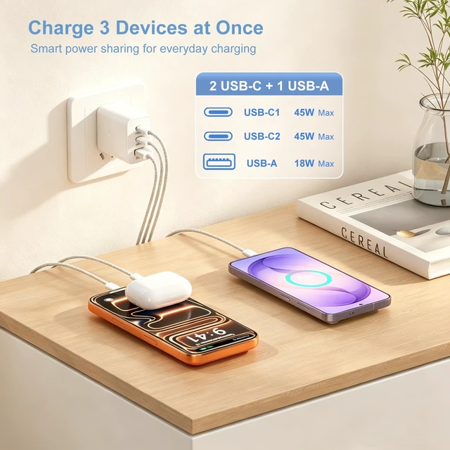 Alt view image 3 of 7 - 45W USB-C Charger with 6ft Long USB C to C Cables PD QC Fast Charging | Multi Port Type C + USB A Android Phone Charger Adapter for iPhone 18 17 16 Pro Max Galaxy S26 Ultra S25 S24 S23 FE A15