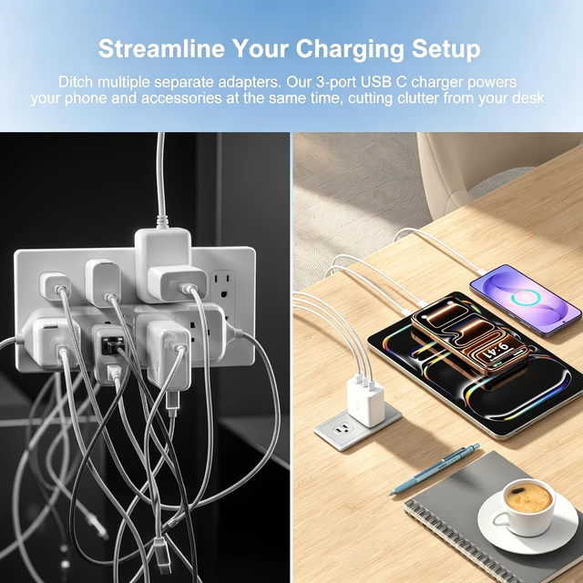 Alt view image 5 of 7 - 45W USB-C Charger with 6ft Long USB C to C Cables PD QC Fast Charging | Multi Port Type C + USB A Android Phone Charger Adapter for iPhone 18 17 16 Pro Max Galaxy S26 Ultra S25 S24 S23 FE A15