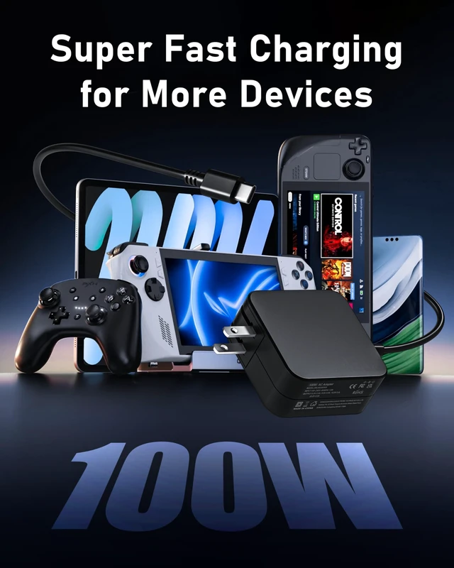 Alt view image 3 of 7 - 100W USB-C Charger for Steam Deck/Steam Deck OLED, ROG Xbox Ally X/Ally X | for Msi claw, Switch 2/OLED/Lite,GPD Win, Ayaneo, Onexplayer, Legion Go S Type C Power Cord