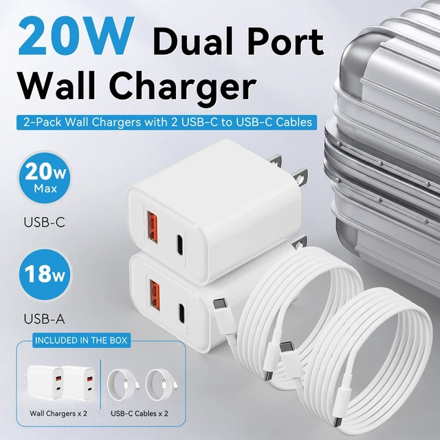 Alt view image 2 of 7 - 2-Pack 20W USB C Wall Charger Plug with 6ft USB C to USB C Cable | PD 20W USB-C & QC 3.0 USB-A dual ports Compatible with iPhone 17/16/15/14/13 Pro Max, iPad amd more