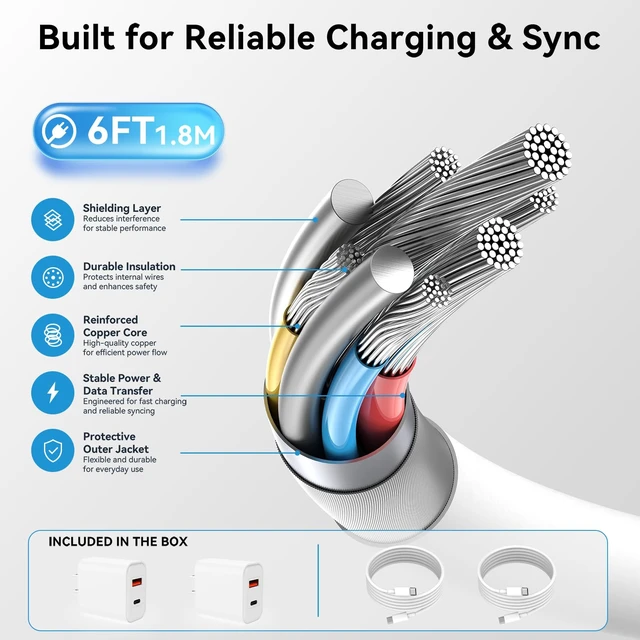Alt view image 5 of 7 - 2-Pack 20W USB C Wall Charger Plug with 6ft USB C to USB C Cable | PD 20W USB-C & QC 3.0 USB-A dual ports Compatible with iPhone 17/16/15/14/13 Pro Max, iPad amd more
