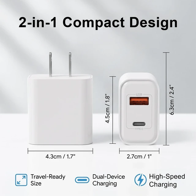 Alt view image 4 of 7 - 2-Pack 20W USB C Wall Charger Plug with 6ft USB C to USB C Cable | PD 20W USB-C & QC 3.0 USB-A dual ports Compatible with iPhone 17/16/15/14/13 Pro Max, iPad amd more