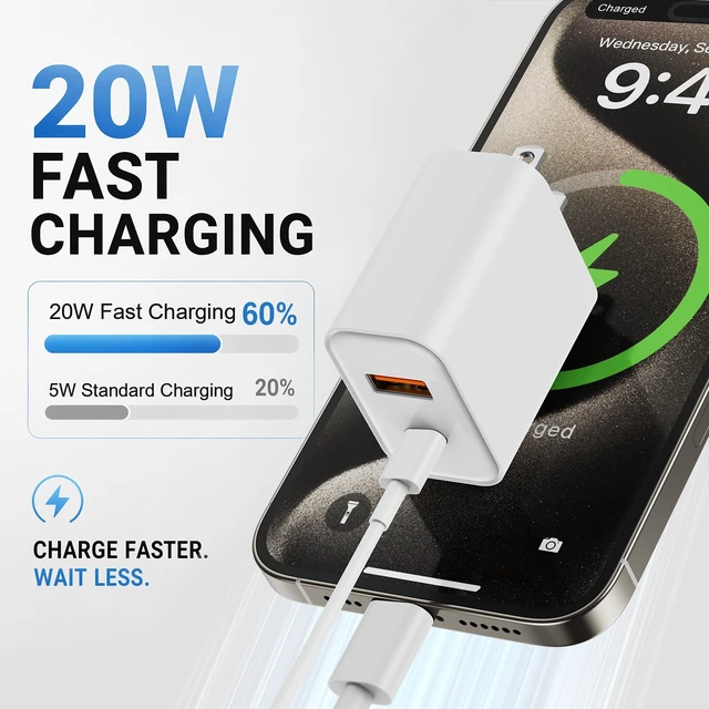 Alt view image 3 of 7 - 2-Pack 20W USB C Wall Charger Plug with 6ft USB C to USB C Cable | PD 20W USB-C & QC 3.0 USB-A dual ports Compatible with iPhone 17/16/15/14/13 Pro Max, iPad amd more