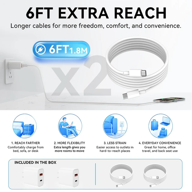 Alt view image 7 of 7 - 2-Pack 20W USB C Wall Charger Plug with 6ft USB C to USB C Cable | PD 20W USB-C & QC 3.0 USB-A dual ports Compatible with iPhone 17/16/15/14/13 Pro Max, iPad amd more