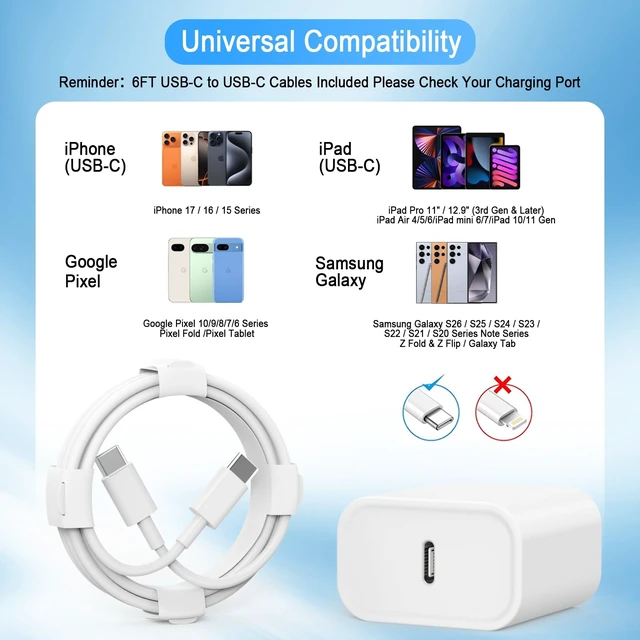 Alt view image 3 of 4 - iPhone 18 17 16 Charger, USB C Charger, 8Pack Fast Wall Charging with Cable | USB-C Chargers Block (8-Pack 6 ft Cable Included) for iPhone 18/17/16/15/15 Pro/15 Pro Max/iPad Pro/AirPods Samsung & More