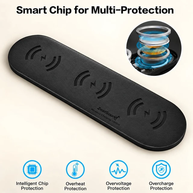 Alt view image 2 of 7 - ZealSound 3-in-1 Wireless Charging Pad for iPhone 17/16/15 & Samsung Galaxy | 15W Fast Charging, 36W Adapter Included, Ultra-Slim PU Leather Design, Case-Friendly Charger Pad for Home, Office & Travel