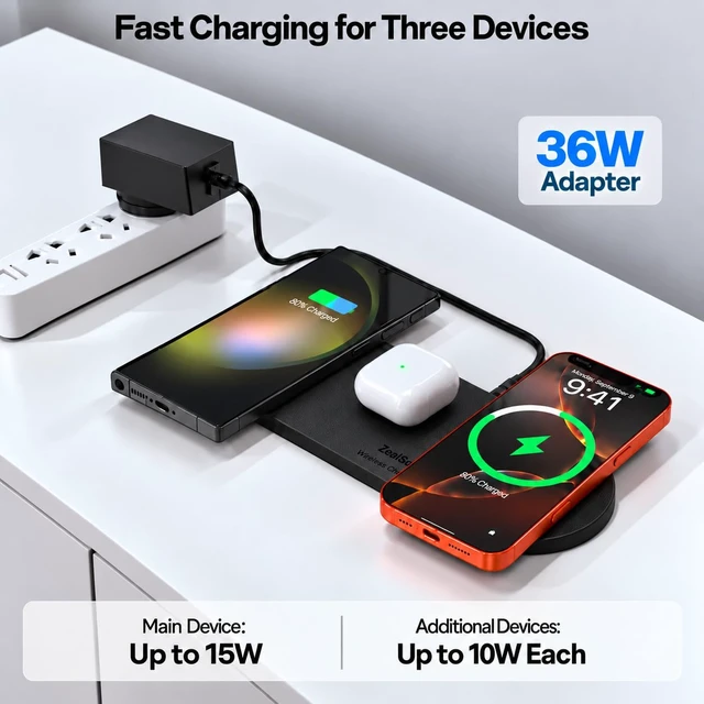 Alt view image 3 of 7 - ZealSound 3-in-1 Wireless Charging Pad for iPhone 17/16/15 & Samsung Galaxy | 15W Fast Charging, 36W Adapter Included, Ultra-Slim PU Leather Design, Case-Friendly Charger Pad for Home, Office & Travel