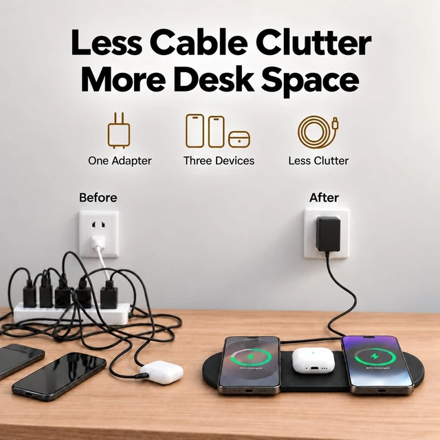 Alt view image 6 of 7 - ZealSound 3-in-1 Wireless Charging Pad for iPhone 17/16/15 & Samsung Galaxy | 15W Fast Charging, 36W Adapter Included, Ultra-Slim PU Leather Design, Case-Friendly Charger Pad for Home, Office & Travel