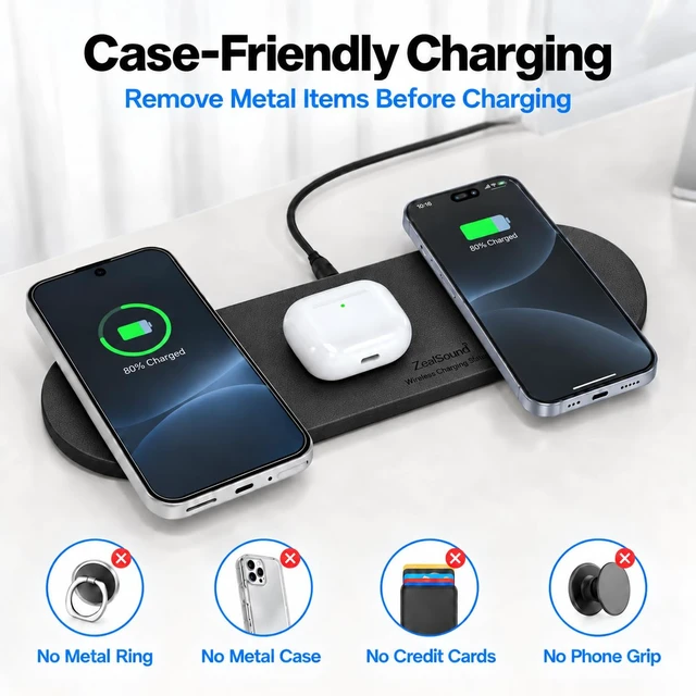 Alt view image 7 of 7 - ZealSound 3-in-1 Wireless Charging Pad for iPhone 17/16/15 & Samsung Galaxy | 15W Fast Charging, 36W Adapter Included, Ultra-Slim PU Leather Design, Case-Friendly Charger Pad for Home, Office & Travel