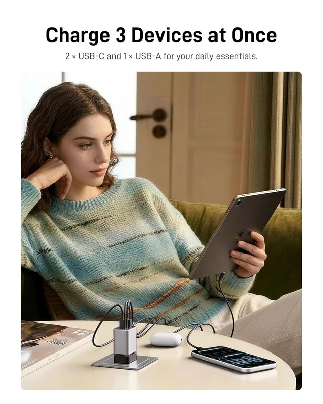 Alt view image 5 of 7 - CUKTECH 65W GaN Charger for iPhone 18 Pro/Pro Max, iPhone Duo, Fast Charger | 3-Port Foldable Wall Charger Block, for Phone and Laptop, for MacBook, iPhone, Galaxy, Google Pixel, with USB-C Cable
