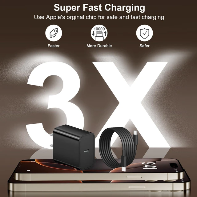Alt view image 2 of 7 - iPhone 18 17 16 15 Charger 2 Pack USB C Charger with 10FT Long Cable, Black | 20W Type C Chagrers Compatible with iPhone 18/18 Pro/18 Pro max/iPhone Duo, iPhone 17/16/15 Series, iPad Pro, Android