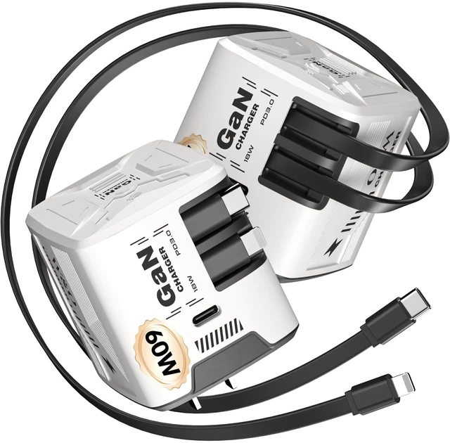Main image of W & O 60W Gan Fast Charger Wall Plug, Built-in Retractable USB-C & L Cables | Retractable Wall Charger with 47.2" Cables, One Pull Charging, No Cable Mess Solution for iPhone 17/16/15, Galaxy S25/S24