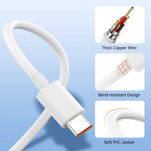 Alt view image 7 of 7 - 100W Compatible for Xiaomi Charger Fast Wall Charger Block 90W | for Xiaomi 18 17 Pro Max 15 15T 14 13 Redmi K90 K80 Ultra Turbo 5 Max Note 15 14 Pro+ Poco X8 M8 F7 Mi 6A 6.6ft USB C Cable