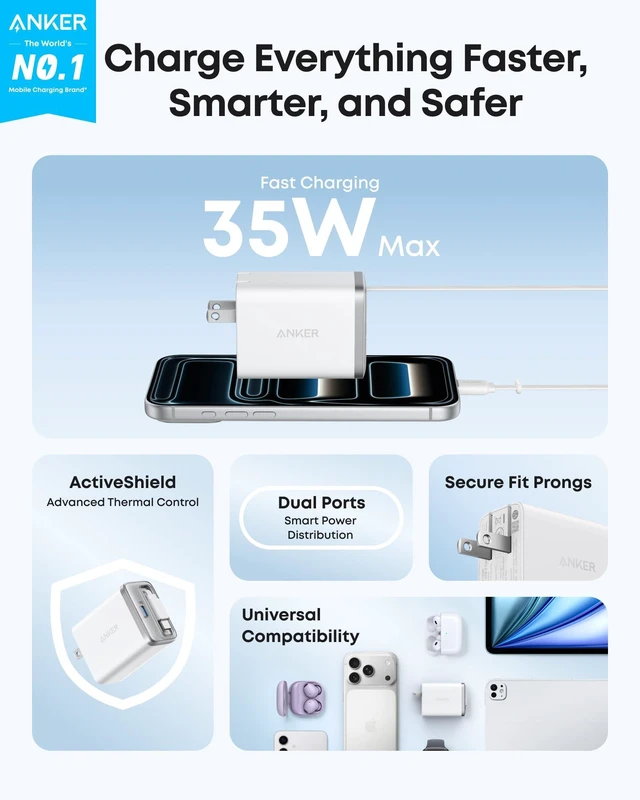 Alt view image 2 of 6 - Anker Nano Retractable USB C Charger Block, Compact 35W Phone Charger | 2-Port Charger with Durable Built-in Anker InstaCord Retractable Cable, for iPhone 17/16/15, iPad(White,Non-Battery)