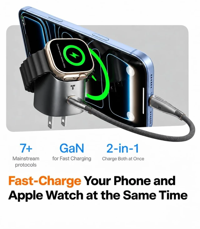 Alt view image 3 of 7 - FlashEye 45W Charger for iPhone 18 Pro Max/Duo for Apple Watch Gray | Up to 45W GaN USB-C Power, Up to 5W Magnetic Charging for Apple Watch and for Select AirPods Models, for MacBook and for iPad
