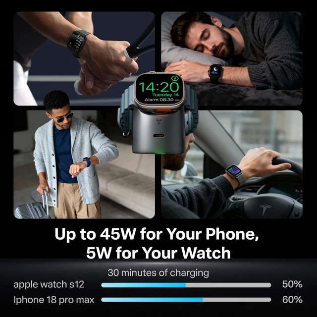 Alt view image 4 of 7 - FlashEye 45W Charger for iPhone 18 Pro Max/Duo for Apple Watch Gray | Up to 45W GaN USB-C Power, Up to 5W Magnetic Charging for Apple Watch and for Select AirPods Models, for MacBook and for iPad